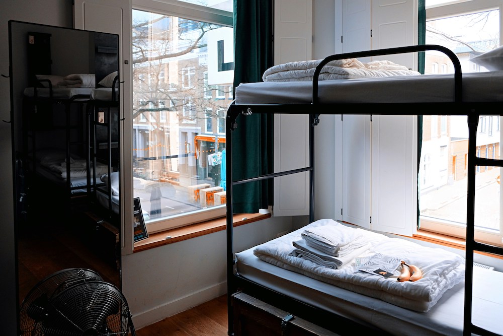 Hostel bunk beds in a room