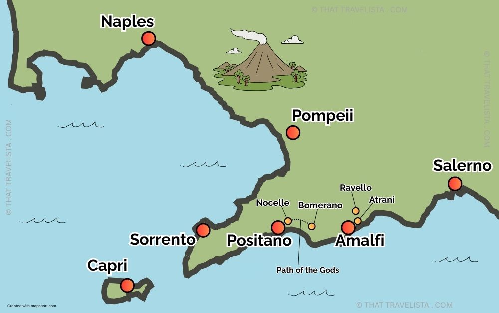 Map of the Naples and Amalfi Coast area