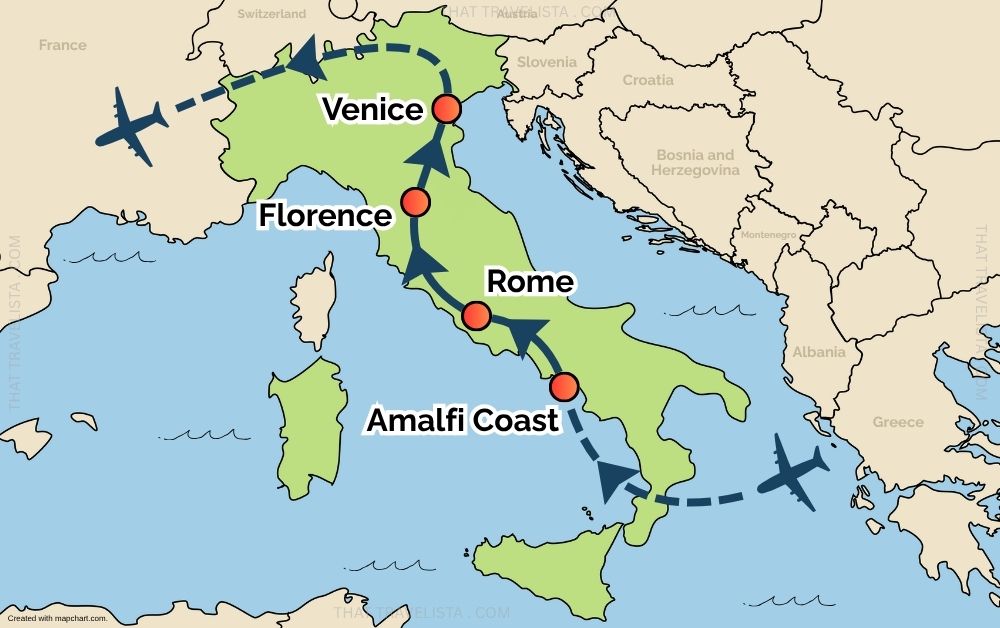 Map of this itinerary with Italy highlighted in green on a map of Europe and the travel path through the Amalfi Coast, Rome, Florence, and Venice.