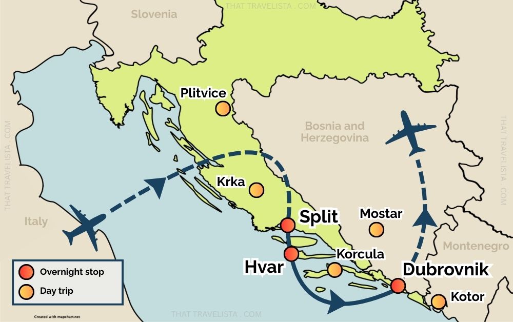 Map of this Croatia itinerary for 10 days