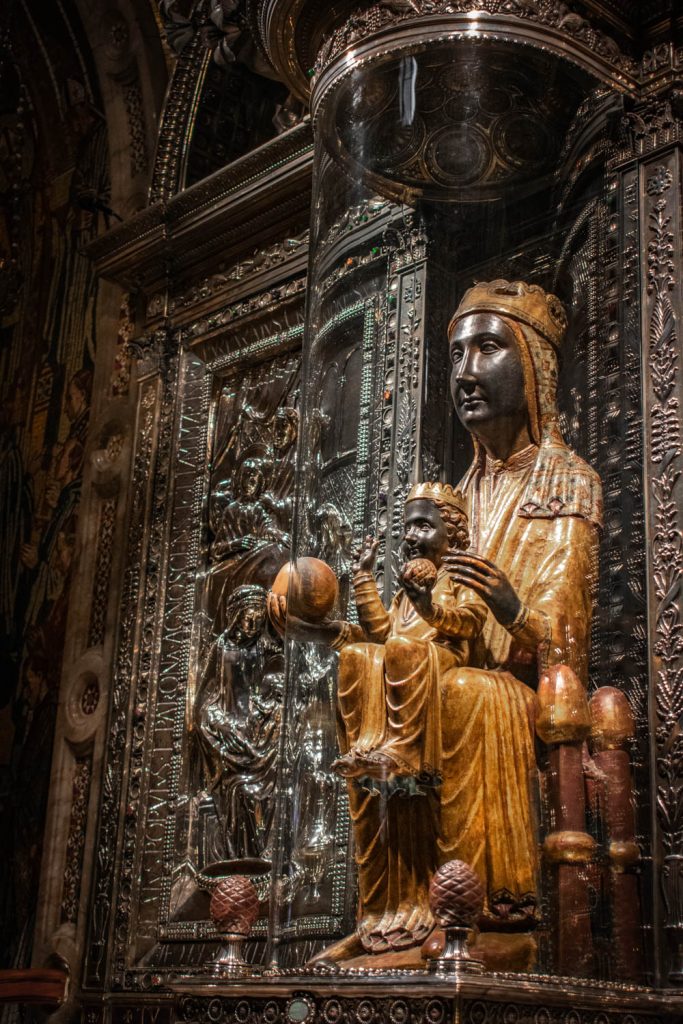 Statue of the Black Madona and child in the Throne of Our Lady in the Basilica of Montserrat